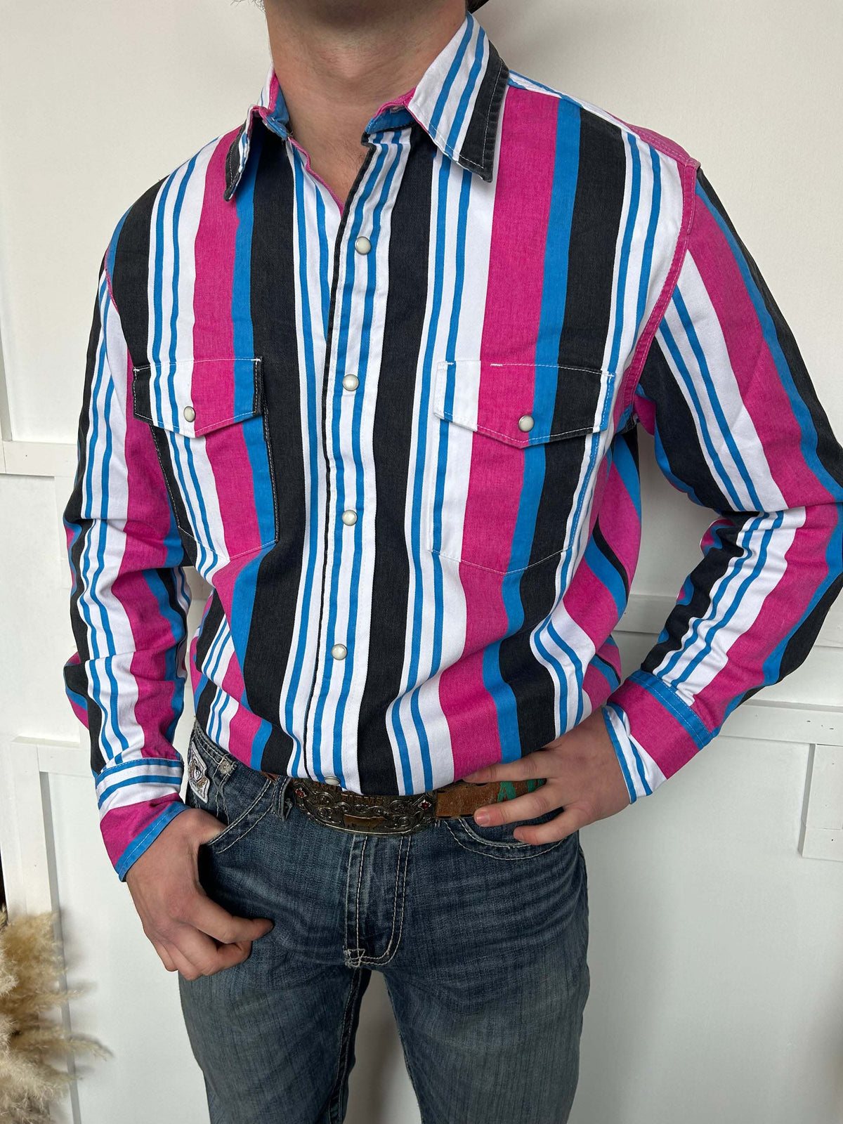 Men's Western Blue and Pink Striped Long Sleeve Shirt