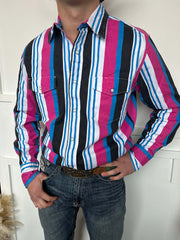 Men's Western Blue and Pink Striped Long Sleeve Shirt