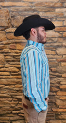 Men's Western Blue Striped Long Sleeve Shirt