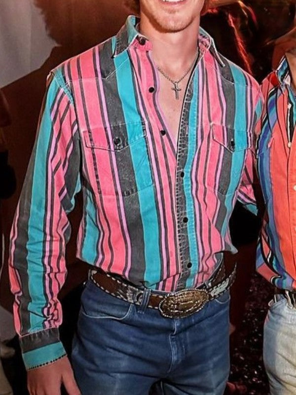 Men's Vintage Green and Pink Stripe Print Shirt